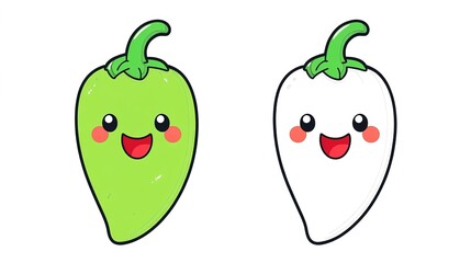 A happy and cute jalapeño character designed with a colorful outline on a white background, perfect for a children's coloring page. This playful illustration features a smiling jalapeño pepper 