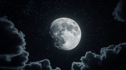 A large, full moon shines brightly in a night sky filled with stars, surrounded by fluffy, dark clouds.