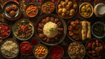 A large spread of Middle Eastern food on a colorful rug.