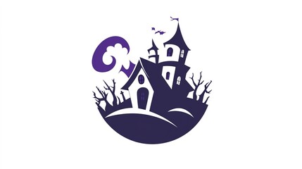 A hauntingly beautiful silhouette icon of a haunted house set against a solid white background, illuminated by the eerie glow of moonlight. The intricate design features classic elements of a haunted 