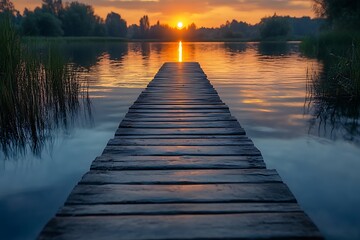 Fototapeta premium Wooden pier leading into still water with sunset reflection, nature photography