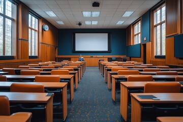 An empty lecture hall with desks, chairs, and a projector screen at the front.