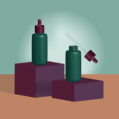Bottles with a pipette. 3D rendering. Can be used to create product presentations, labels, packaging for cosmetics, shampoos, care products, vitamins and supplements.