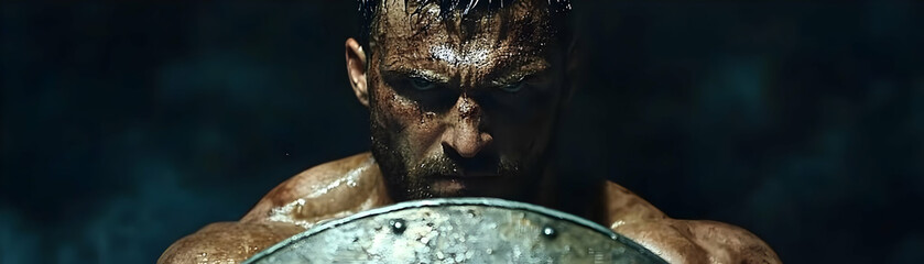 Intense Warrior Portrait Photo - Battle-Scarred Soldier with Shield