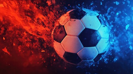 Fototapeta premium Fiery soccer ball with dynamic energy and splattering colors in motion concept of sport