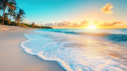 Obraz premium A picturesque scene of a secluded beach featuring soft white sand and gentle waves rolling onto the shore. The tranquil setting is enhanced by swaying palm trees dancing in the light breeze,