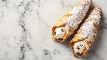 Traditional Sicilian cannoli dusted with powdered sugar, on a marble background generative ai