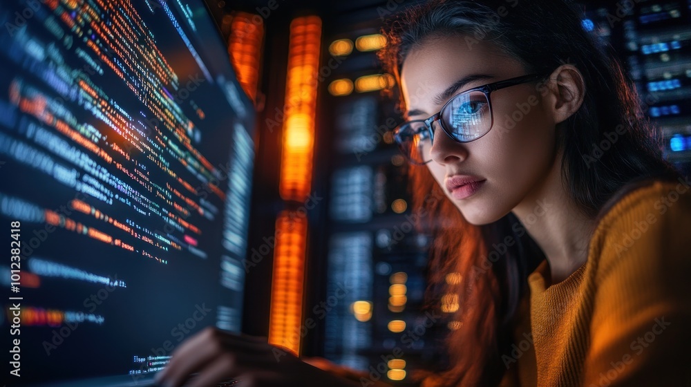 Poster female programmer working on a project