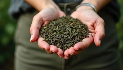 Fototapeta premium Dried green tea leaves in cupped hands .