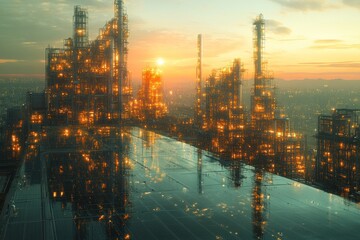 Obraz premium An industrial complex at sunset, with the city in the background, reflected in a pool of water in the foreground.