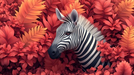 A zebra's head peeks out from a lush jungle of red leaves.