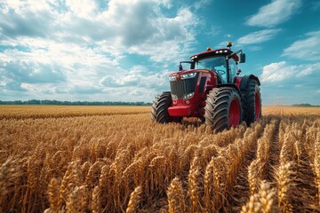 A red tractor drives through a golden wheat field under a blue sky with fluffy white clouds.