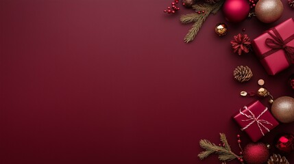 Festive arrangement of Christmas ornaments, pine cones, and evergreen branches on a stylish burgundy background. New Year and holiday concept. Winter celebration.	