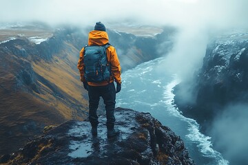 Obraz premium Hiker standing on a cliff edge overlooking a foggy river canyon. Adventure, travel, and exploration concept photo.