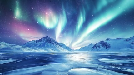 Fototapeta premium A vibrant, dynamic aurora borealis over a frozen lake with a clear area for text 