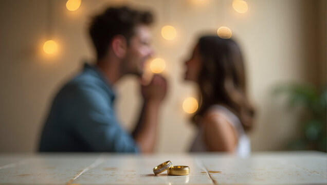 Rings on the table as a symbol of divorce, blurred arguing couple in the background - Divorcio, una pareja peleando.