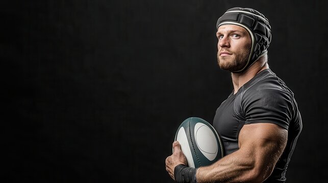 A side profile shot of a professional rugby player in a studio setting. The player, an athletic Caucasian man, is holding a rugby ball close to his body while wearing a helmet and protective gear