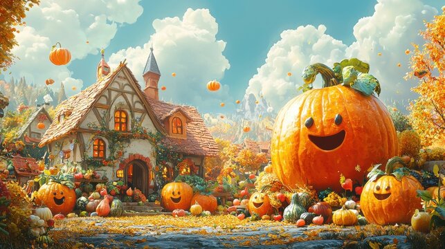 Whimsical harvest festival scene, cartoon-style villagers, oversized fruits and vegetables, vibrant color palette, playful characters, [illustration, harvest joy].