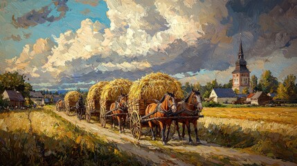Rural harvest festival scene, horses pulling carts of hay, village backdrop, folklore elements, dynamic brushstrokes, [rustic festival, harvest celebration].