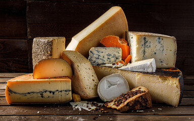 A visually enticing and appealing assortment of artisanal cheeses beautifully displayed on a rustic...