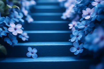 Blue flower petals on blue steps, abstract natural background, spring season