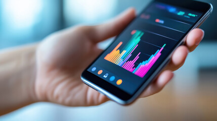A person holding a smart phone with colorful graphs on the screen, AI