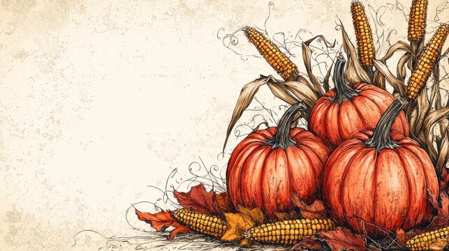 Hand-drawn harvest festival invitation design, pumpkins, corn stalks, decorative banners, calligraphy elements, [invitation art, festive harvest].