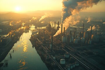Naklejka premium Aerial view of an industrial complex at sunrise with smoke rising from chimneys.