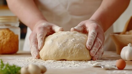 A person kneading dough on a table with flour and other ingredients, AI