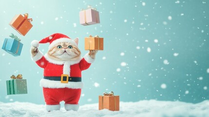 Adorable cat in santa costume juggling colorful gift boxes in snowy wonderland for a magical christmas and new year gifts