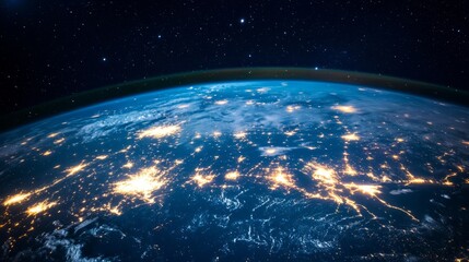 Obraz premium View of the Earth from space at night, with light trails linking continents, representing digital global networks generative ai