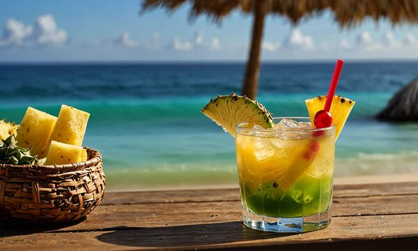 A tropical cocktail with a slice of pineapple