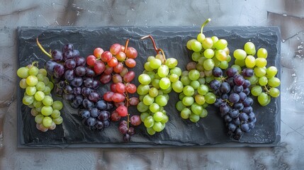 Elegant Assortment of Fresh Grapes on Grey Wooden Cutting Board: A Perfect Centerpiece