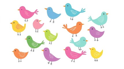 A simple and charming illustration of a flock of birds, designed specifically for children. This artwork features cartoon-like birds in various playful poses, showcasing bright colors 
