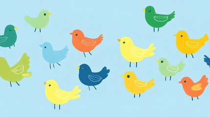 Obraz premium A simple and charming illustration of a flock of birds, designed specifically for children. This artwork features cartoon-like birds in various playful poses, showcasing bright colors 
