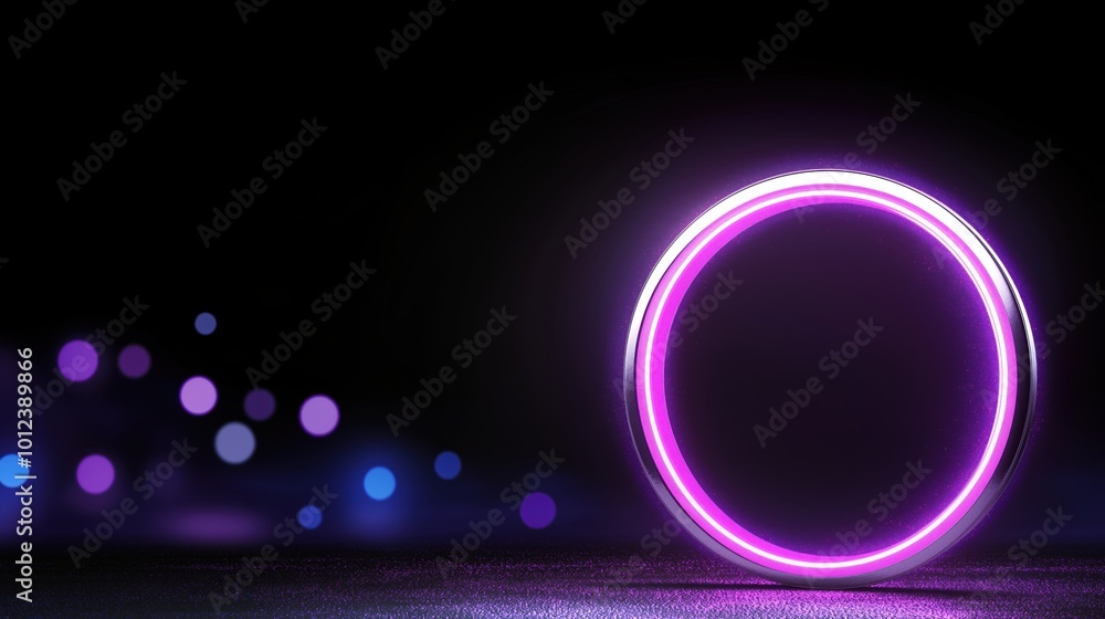 Poster glowing neon circle with abstract bokeh lights in dark background