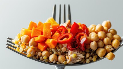 Colorful healthy ingredients stacked on a fork close-up