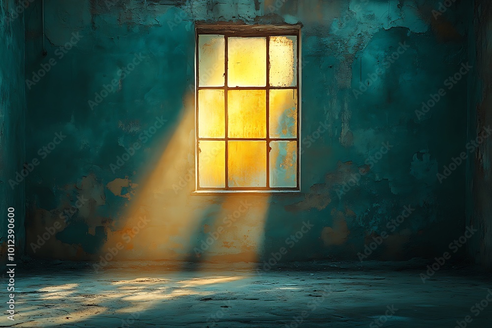 Poster sunlight streaming through window in abandoned building