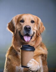 Fototapeta premium Happy golden retriever is taking a selfie, holding a coffee, ultrarealistic, detailed