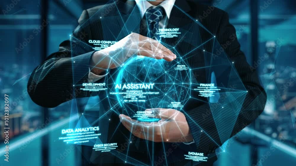 Poster businessman hold all futuristic technology concepts of generative ai artificial intelligence, virtua