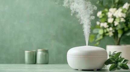 Aromatherapy diffuser with steam and plants.