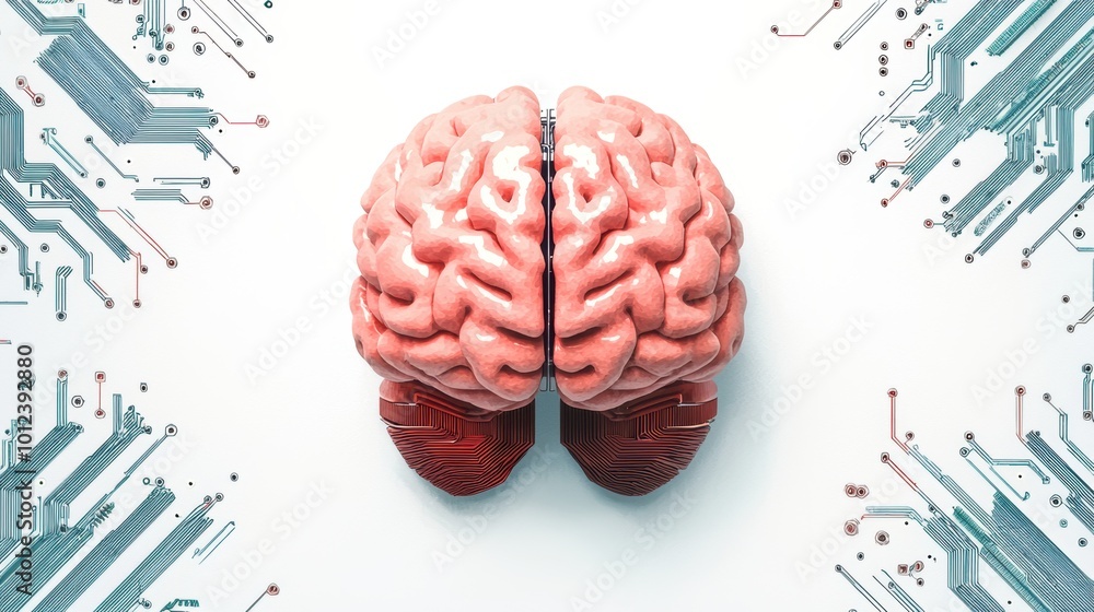 Poster brain with circuit patterns, white isolate background