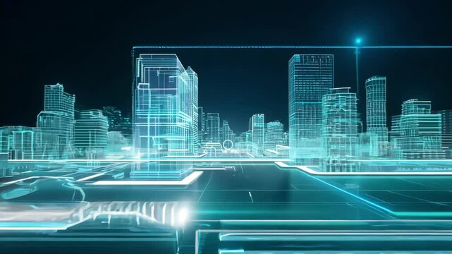 A futuristic cityscape with glowing buildings and digital roads. The sleek modern design reflects an advanced, smart city concept with innovative infrastructure.