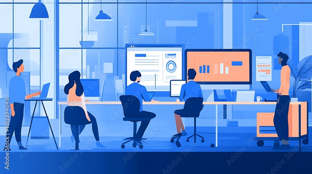 Poster a startup office with employees collaborating on a tech project in an open workspace