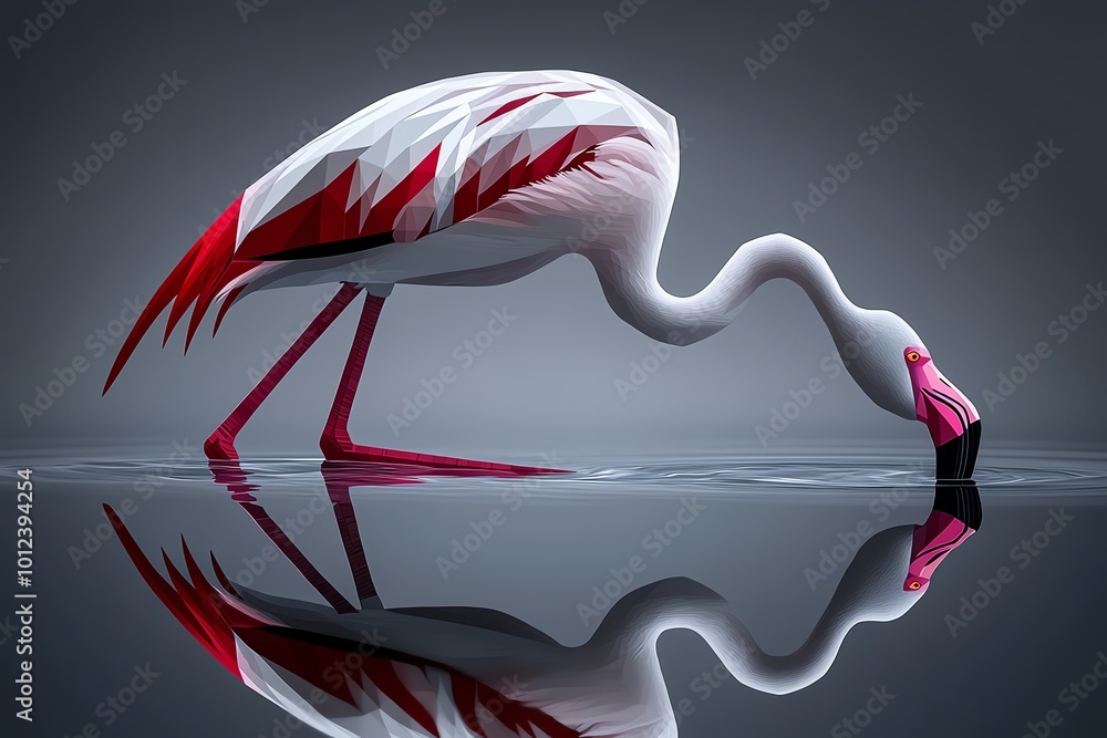 Poster abstract minimalist design of a flamingo on lake nakuru, using soft pink tones and geometric shapes 