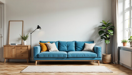 Interior of living room with soft couch, table and big window