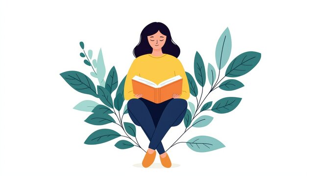 Person reading a book among leafy plants