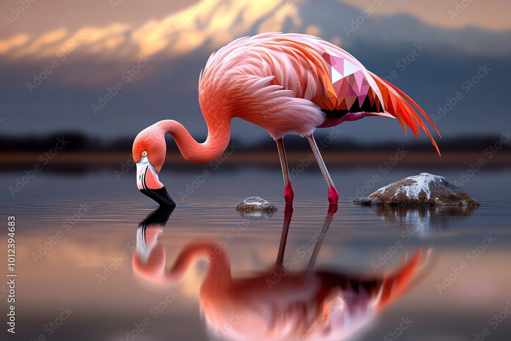 Poster Abstract minimalist design of a flamingo on Lake Nakuru, using soft pink tones and geometric shapes to capture the essence of the lakeâ€™s wildlife