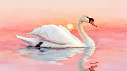 Swan gliding on tranquil water at sunset