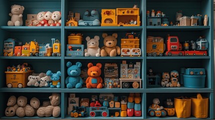Fototapeta premium A blue shelf unit filled with a variety of children's toys, including stuffed animals, wooden toys, and plastic toys.